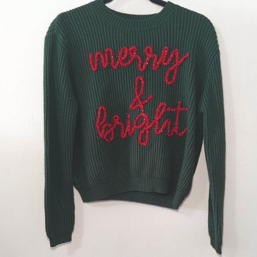 QUEEN OF SPARKLES Green Crewneck Sweater with Red Tinsel 'Merry & Bright'